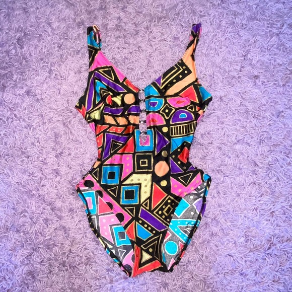 10 VTG La Blanca Funky Geometric Print Neon Gold High Cut One Piece Swimsuit - Picture 5 of 12